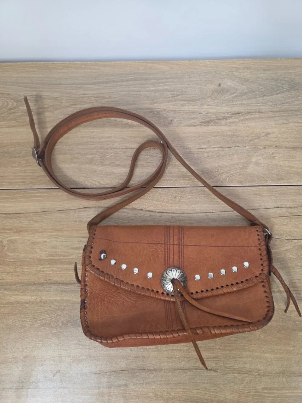 Vintage Four Winds Leather Crossbody Bag Brown Western Concho Handmade Morocco